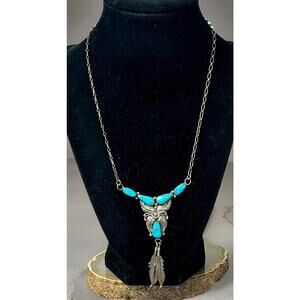 VTG D. Ashley Navajo Sterling Silver Turquoise Necklace w/ Feather Drops Pendant
